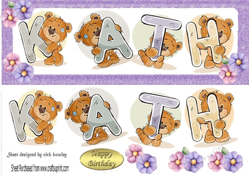 Teddy bears named KATH purple Glitter DL Card