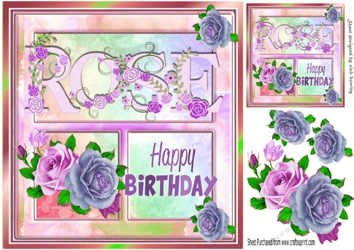 Pretty name ROSE in lilac 8x8 window card front with roses