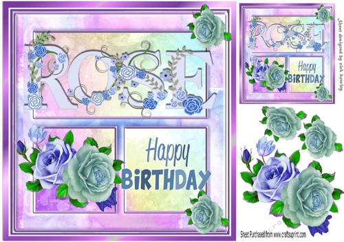 Pretty name ROSE in blue/purple 8x8 window card front with roses
