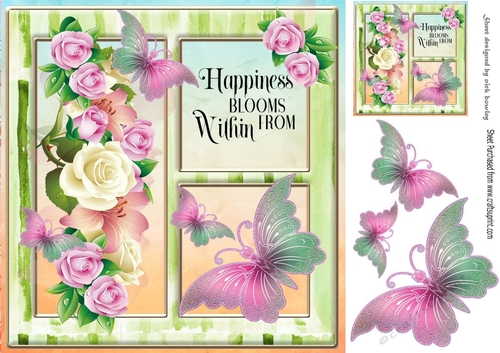 Pretty border of summer roses with butterflies window c/front 8x8