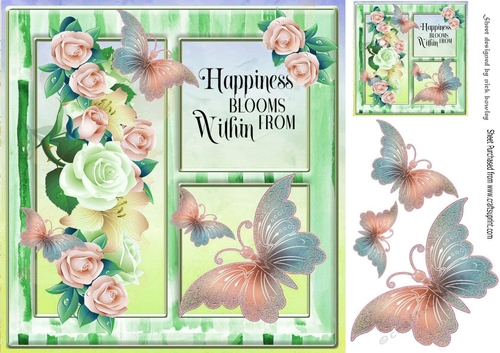 Pretty border of peach summer roses with butterflies window c/front 8x8