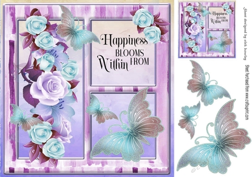 Pretty border of lilac/turq shades summer roses with butterflies window c/front 8x8