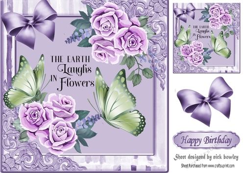 Pretty corner lilac roses with butterflies in decorative frame 8x8