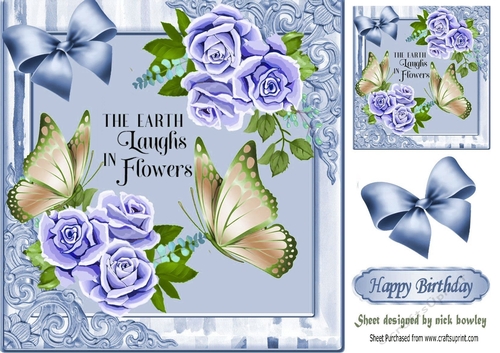 Pretty corner blue roses with butterflies in decorative frame 8x8