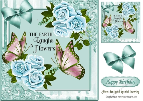 Pretty corner turq roses roses with butterflies in decorative frame 8x8