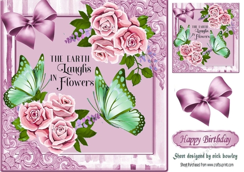 Pretty corner pink roses roses with butterflies in decorative frame 8x8
