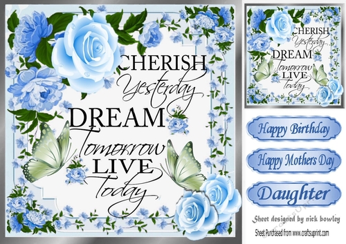 Pretty blue rose and flowers cherish yesterday script with butterflies 8x8