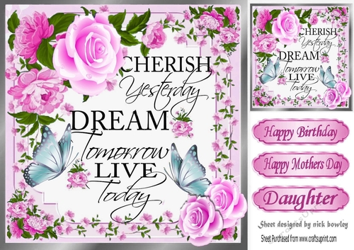 pretty cerise rose and flowers cherish yesterday script with butterflies 8x8