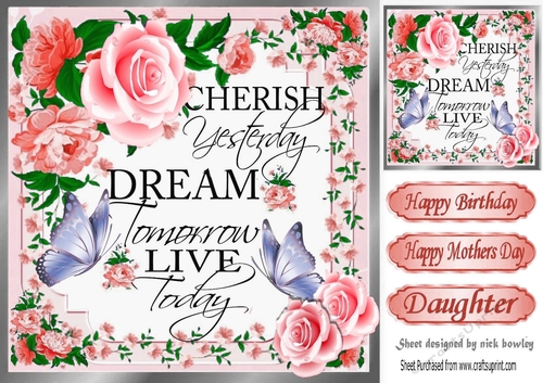 pretty red rose and flowers cherish yesterday script with butterflies 8x8