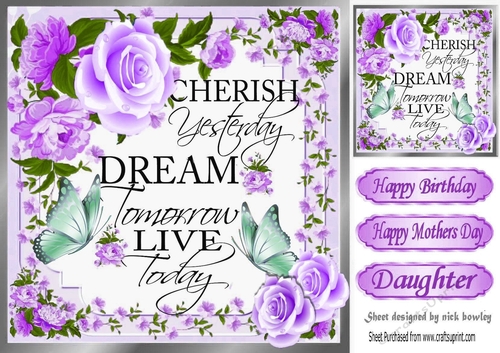 Pretty purple rose and flowers cherish yesterday script with butterflies 8x8