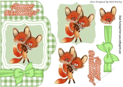 toon foxes on a card front topper with green check and bow 