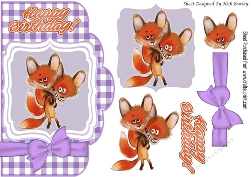 toon foxes on a card front topper with purple check and bow