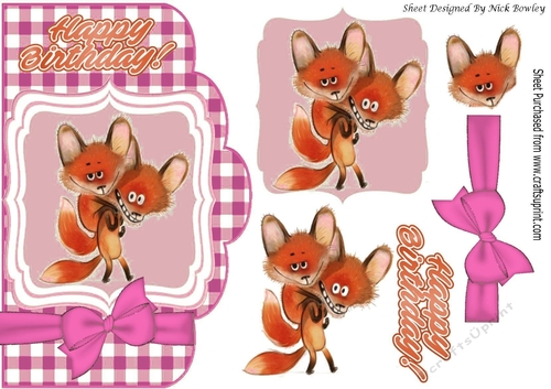 toon foxes on a card front topper with pink check and bow