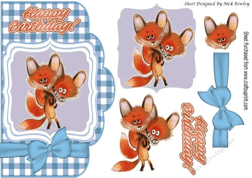 toon foxes on a card front topper with blue check and bow