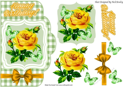 yellow roses on a card front topper with green  check and bow