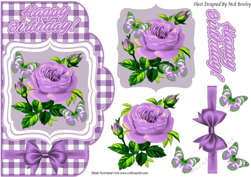 purple roses on a card front topper with  check and bow