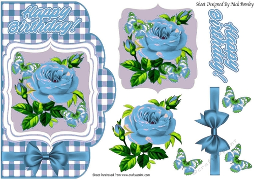 blue roses on a card front topper with  check and bow