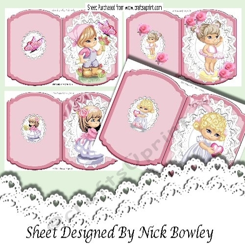 4  Lovely Cutie Kids on lace pink bracket cards A5