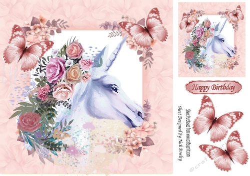 Pretty painted pink/lilac unicorn with roses and pink butterflies 8x8