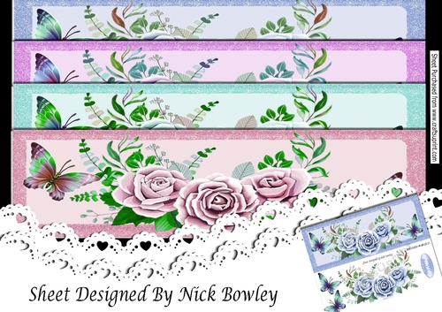 4 Pretty painted coloured rose borders with butterflies DL