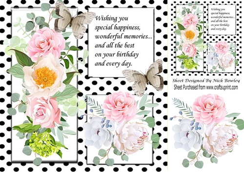 Pretty pink floral and black polkadot window , paper butterflies 8x8
