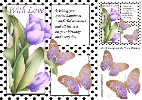 Pretty painted tulips and black polkadot window ,purple butterflies 8x8