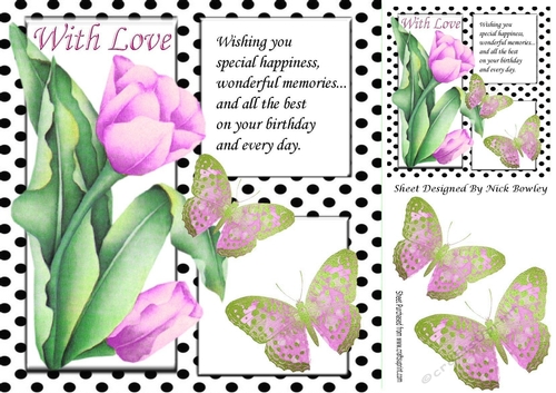 Pretty painted tulips and black polkadot window ,pink butterflies 8x8