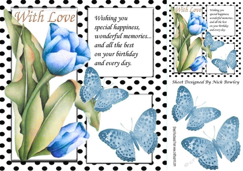Pretty painted tulips and black polkadot window ,blue butterflies 8x8