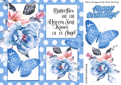 Pretty painted blue shades & pink flowers, butterflies blue polkadot 8x8