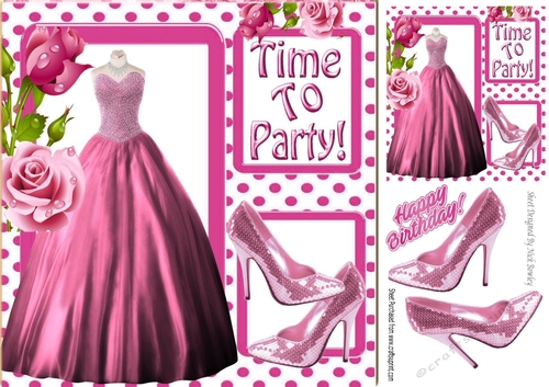 Time to party pretty pink dress & sparkle shoes with roses 8x8