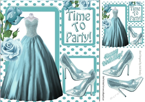 Time to party pretty turq dress & sparkle shoes with roses 8x8