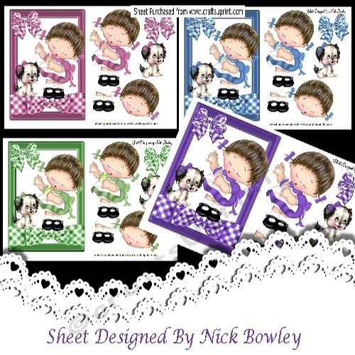 4 Lovely Girls with her puppy & coloured gingham bows cards A5 Mini Kit