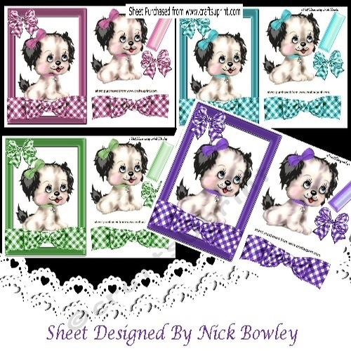 4 cute Lovely puppies & coloured gingham bows cards A5 Mini Kit