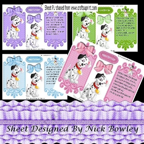 4 Cute Dalmations on Card fronts & insert  with coloured bows mini kit