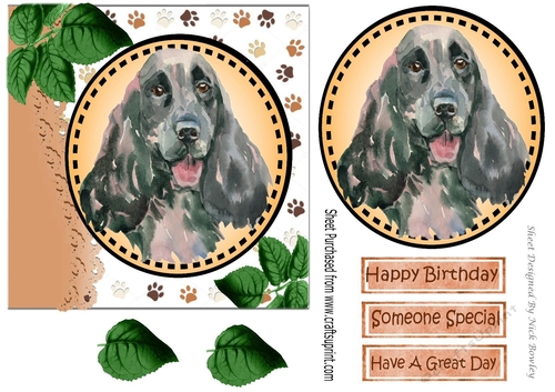Lovely water colour black spaniel with leaves 7x7