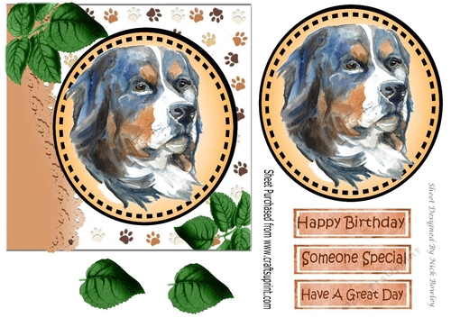 Lovely water colour Bernese Dog with leaves 7x7