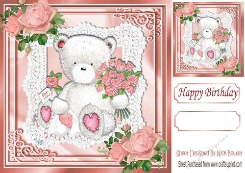 FOR YOU Lovely teddy with pink roses on lace 8x8