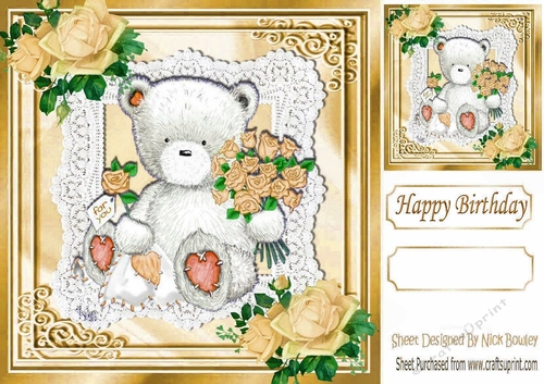 FOR YOU Lovely teddy with cream roses on lace 8x8