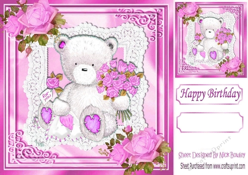 FOR YOU Lovely teddy with cerise roses on lace 8x8