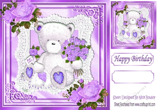 FOR YOU Lovely teddy with purple roses on lace 8x8