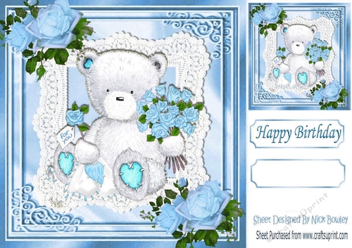 FOR YOU Lovely teddy with blue roses on lace 8x8