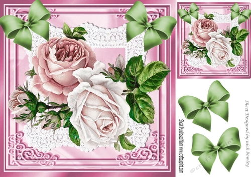 Pretty blush pink roses on lace with corner bows 8x8