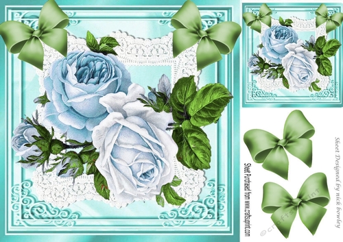 Pretty blue roses on lace with corner bows 8x8