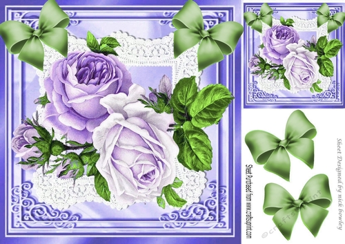 Pretty purple roses on lace with corner bows 8x8