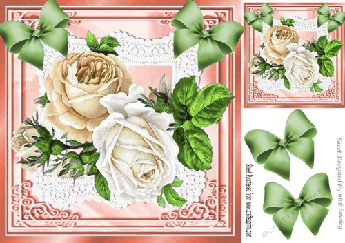 Pretty cream/peach roses on lace with corner bows 8x8