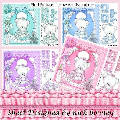 4 lovely little white teddies on bibs baby boy/girl card fronts 8x8 mini kit