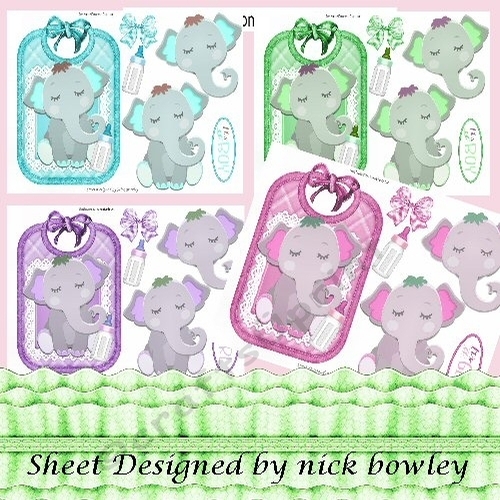 4 Lovely Baby Elephants on bibs for boys/girls card fronts Mini Kit