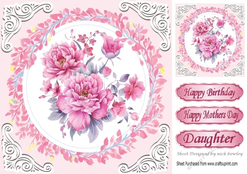 Pretty delicate pink peonies with ornate frame 8x8