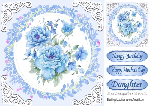Pretty delicate blue peonies with ornate frame 8x8