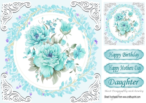 Pretty delicate turq peonies with ornate frame 8x8